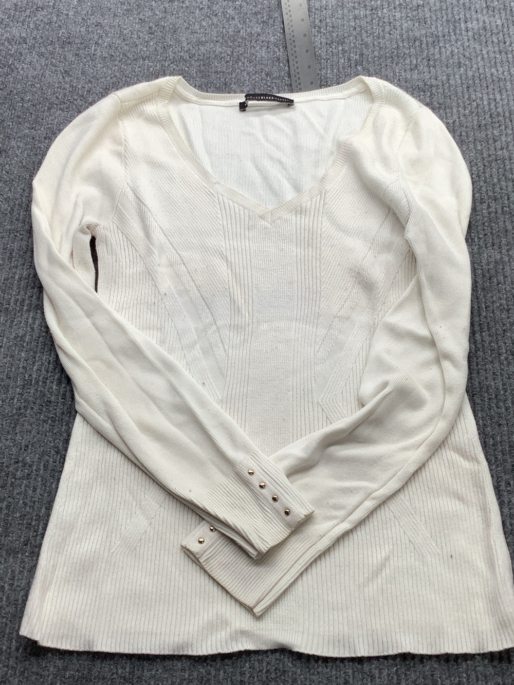 White House Black Market Cream V-Neck Ribbed Knit Sweater with Button Cuffs